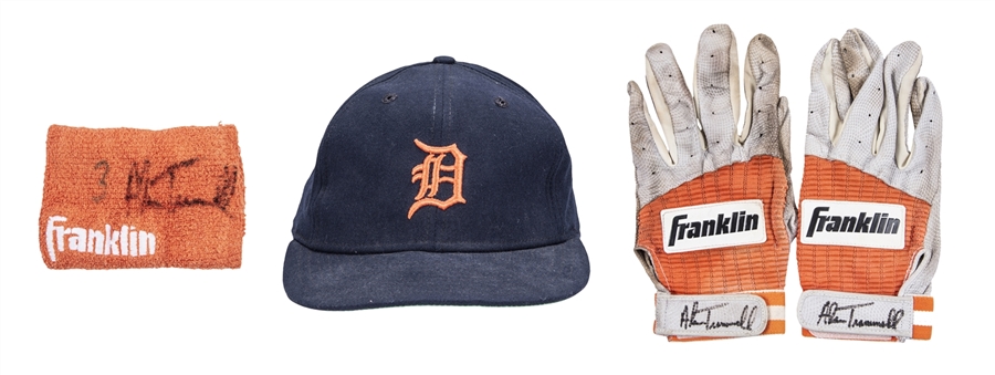 Lot of (4) Alan Trammell Game Used & Signed Detroit Tigers Cap, Batting Gloves & Arm Band (J.T. Sports & Beckett PreCert)